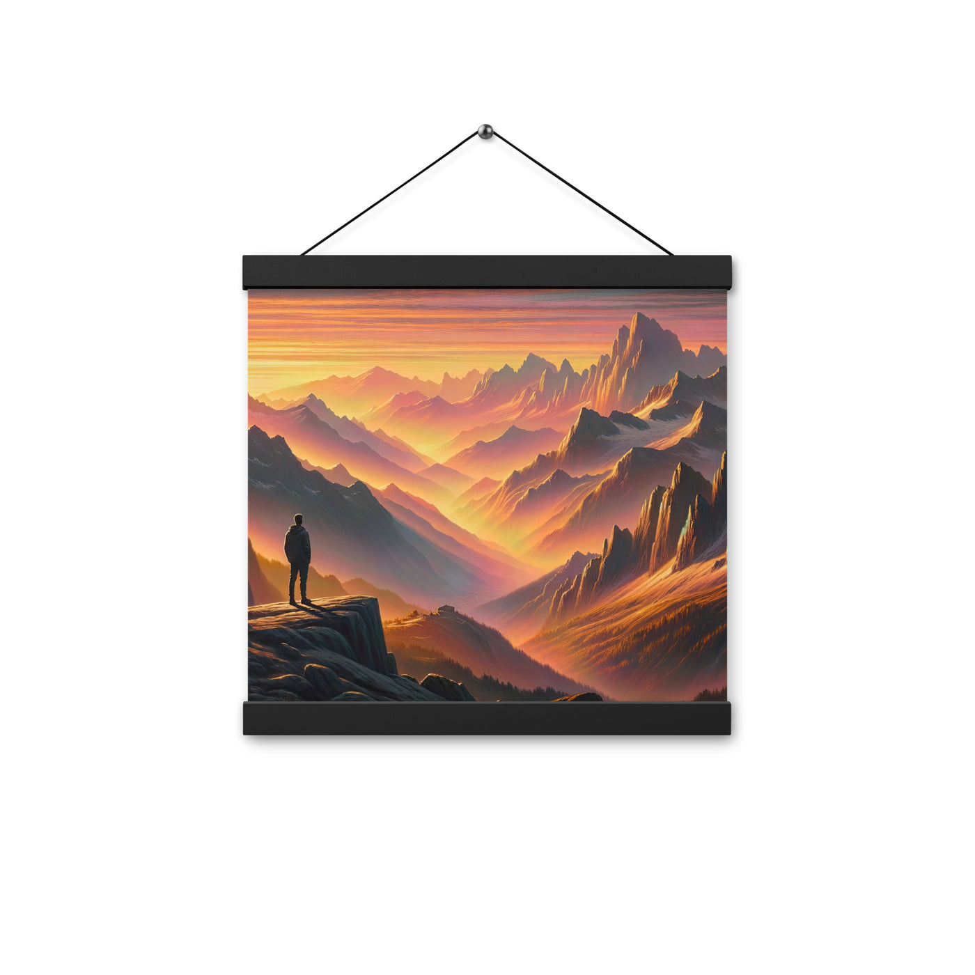 Ölgemälde der Alpen in der goldenen Stunde mit Wanderer, Orange-Rosa Bergpanorama - Premium Poster mit Aufhängung wandern xxx yyy zzz 30.5 x 30.5 cm