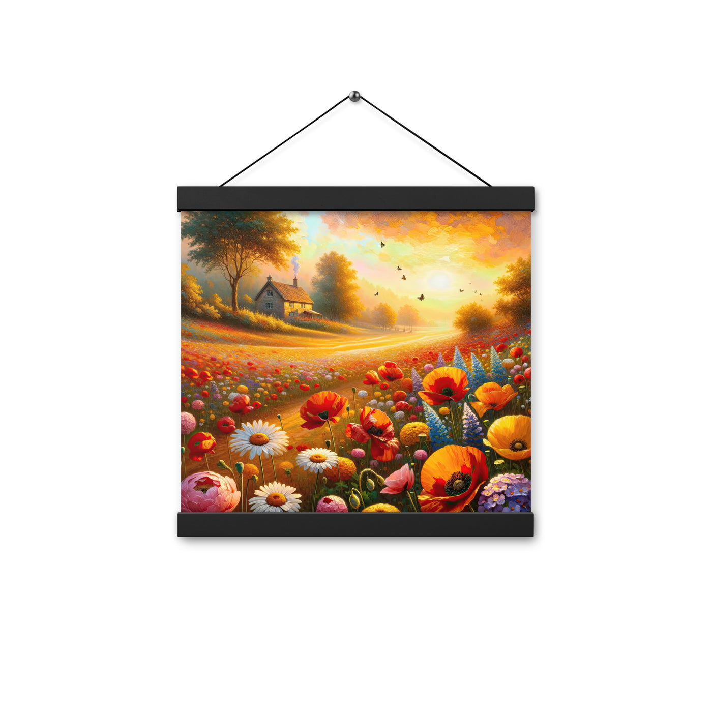 Ölgemälde eines Blumenfeldes im Sonnenuntergang, leuchtende Farbpalette - Premium Poster mit Aufhängung camping xxx yyy zzz 30.5 x 30.5 cm