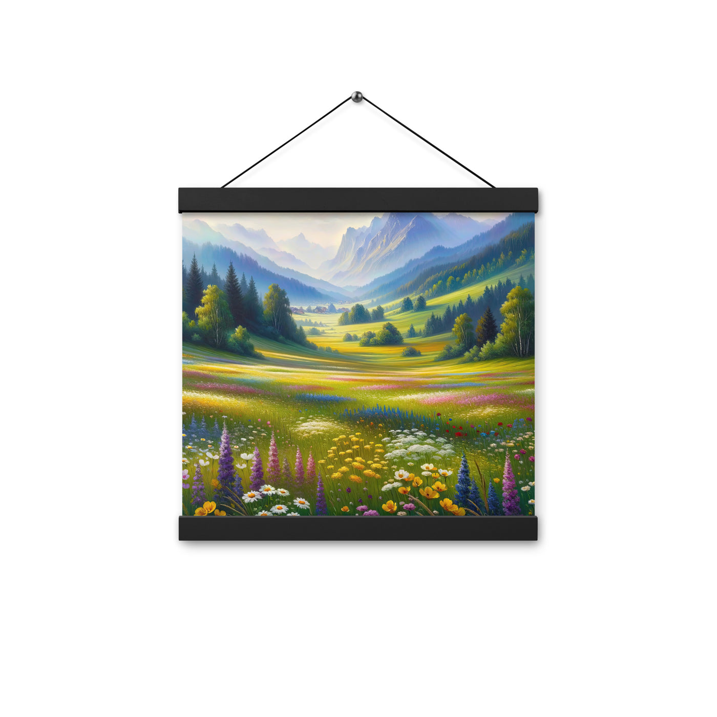 Ölgemälde einer Almwiese, Meer aus Wildblumen in Gelb- und Lilatönen - Premium Poster mit Aufhängung berge xxx yyy zzz 30.5 x 30.5 cm