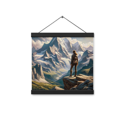 Ölgemälde der Alpengipfel mit Schweizer Abenteurerin auf Felsvorsprung - Premium Poster mit Aufhängung wandern xxx yyy zzz 30.5 x 30.5 cm