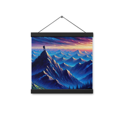 Ölgemälde eines ruhigen Alpenabends mit Bergsteigersilhouette auf dem Gipfel - Premium Poster mit Aufhängung wandern xxx yyy zzz 30.5 x 30.5 cm