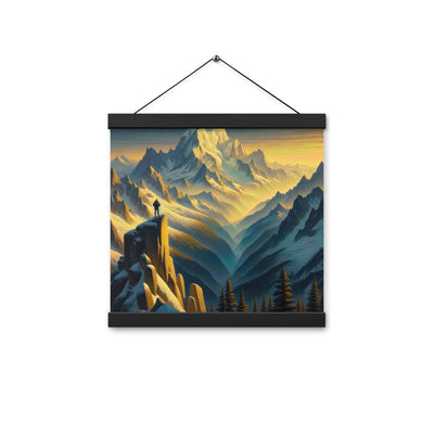 Ölgemälde eines Wanderers bei Morgendämmerung auf Alpengipfeln mit goldenem Sonnenlicht - Premium Poster mit Aufhängung wandern xxx yyy zzz 30.5 x 30.5 cm
