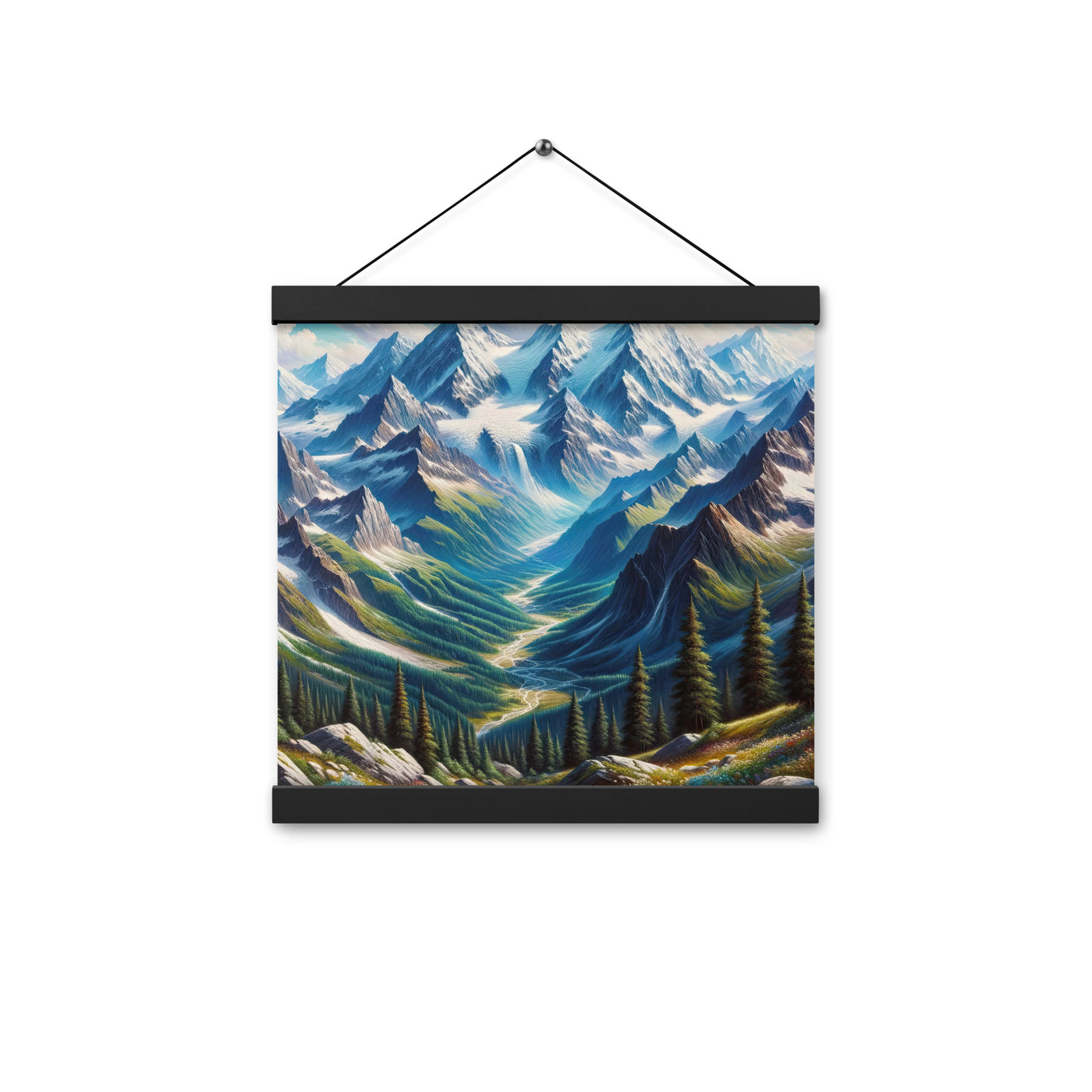 Panorama-Ölgemälde der Alpen mit schneebedeckten Gipfeln und schlängelnden Flusstälern - Premium Poster mit Aufhängung berge xxx yyy zzz 30.5 x 30.5 cm