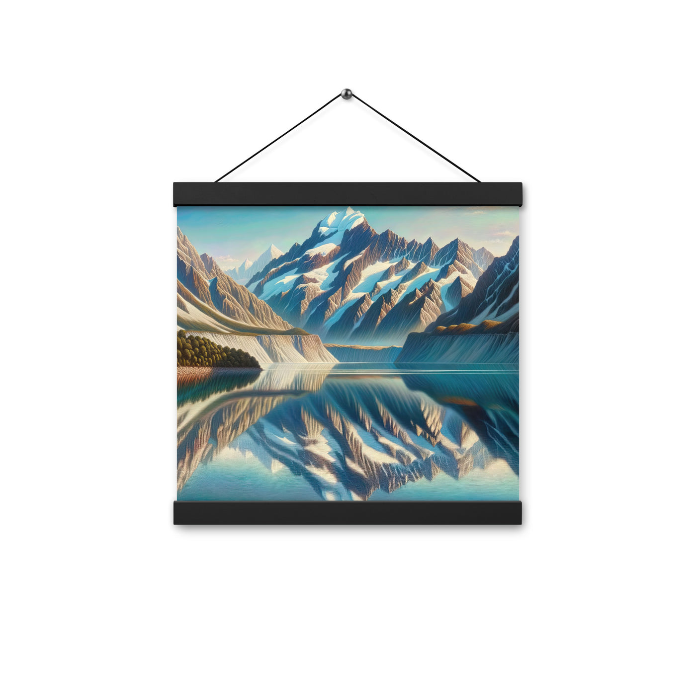 Ölgemälde eines unberührten Sees, der die Bergkette spiegelt - Premium Poster mit Aufhängung berge xxx yyy zzz 30.5 x 30.5 cm