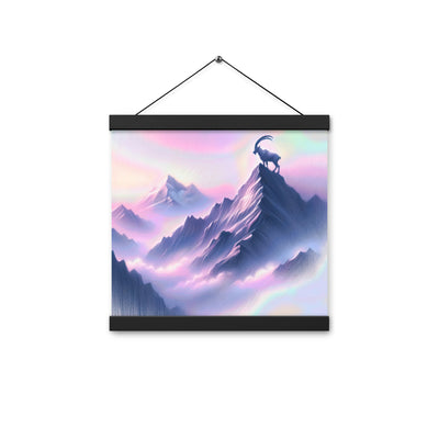 Pastellzeichnung der Alpen im Morgengrauen mit Steinbock in Rosa- und Lavendeltönen - Premium Poster mit Aufhängung berge xxx yyy zzz 30.5 x 30.5 cm