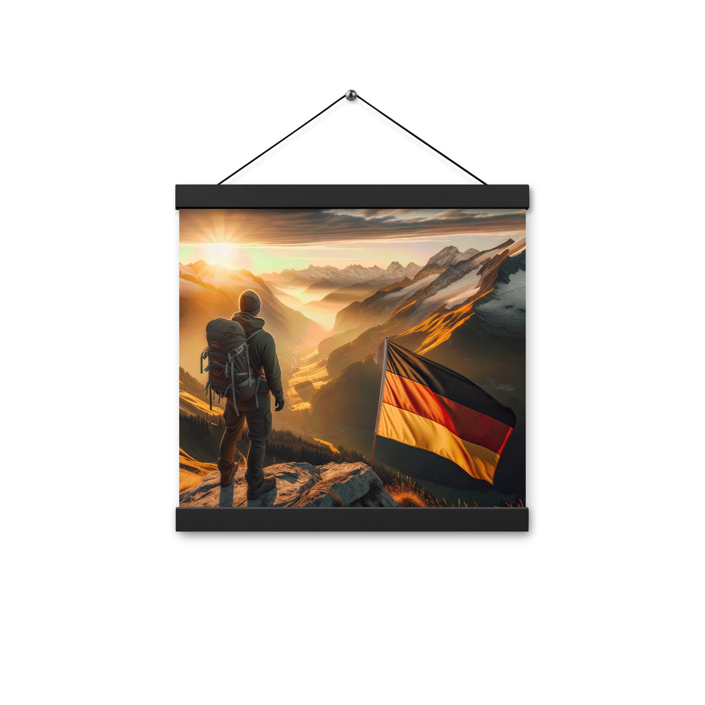 Foto der Alpen bei Sonnenuntergang mit deutscher Flagge und Wanderer, goldenes Licht auf Schneegipfeln - Enhanced Matte Paper Poster berge xxx yyy zzz 30.5 x 30.5 cm