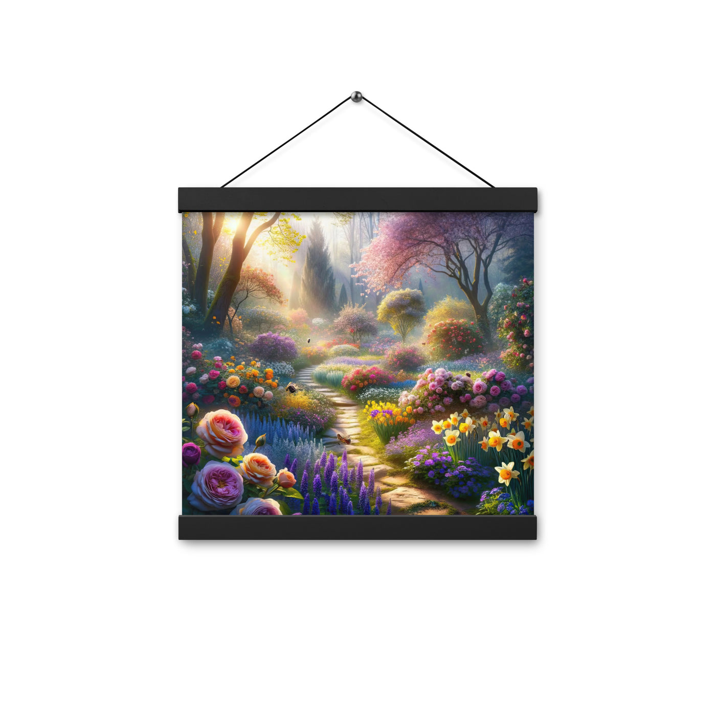 Foto einer Gartenszene im Frühling mit Weg durch blühende Rosen und Veilchen - Premium Poster mit Aufhängung camping xxx yyy zzz 30.5 x 30.5 cm