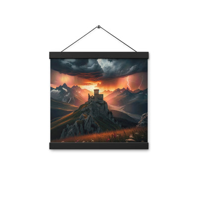 Foto einer Alpenburg bei stürmischem Sonnenuntergang, dramatische Wolken und Sonnenstrahlen - Enhanced Matte Paper Poster With Hanger berge xxx yyy zzz 30.5 x 30.5 cm