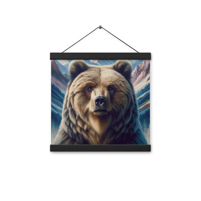 Foto eines Bären vor abstrakt gemalten Alpenbergen, Oberkörper im Fokus - Premium Poster mit Aufhängung camping xxx yyy zzz 30.5 x 30.5 cm