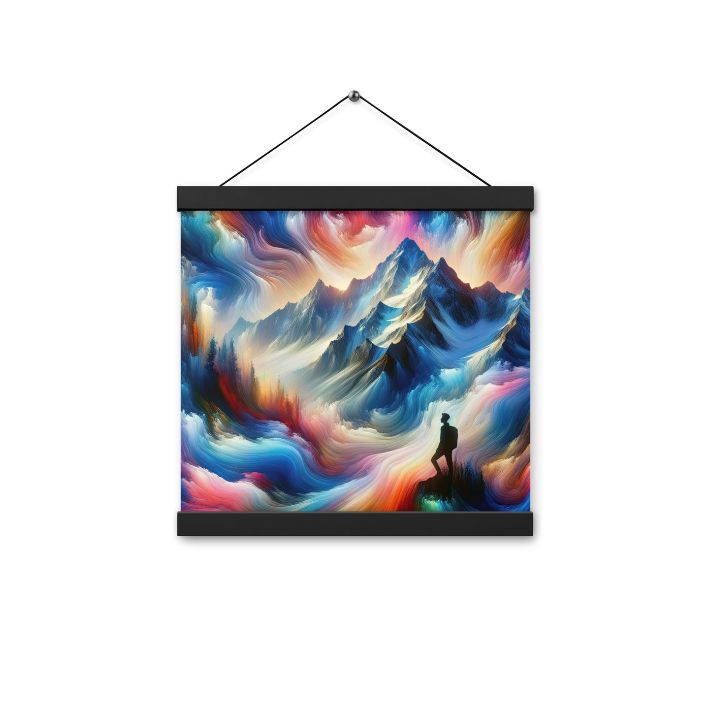 Foto eines abstrakt-expressionistischen Alpengemäldes mit Wanderersilhouette - Premium Poster mit Aufhängung wandern xxx yyy zzz 30.5 x 30.5 cm