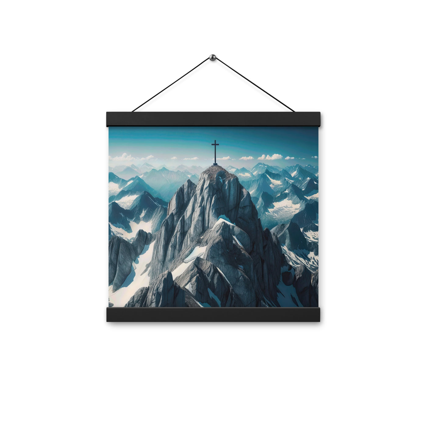 Foto der Alpen mit Gipfelkreuz an einem klaren Tag, schneebedeckte Spitzen vor blauem Himmel - Enhanced Matte Paper Poster With Hanger berge xxx yyy zzz 30.5 x 30.5 cm