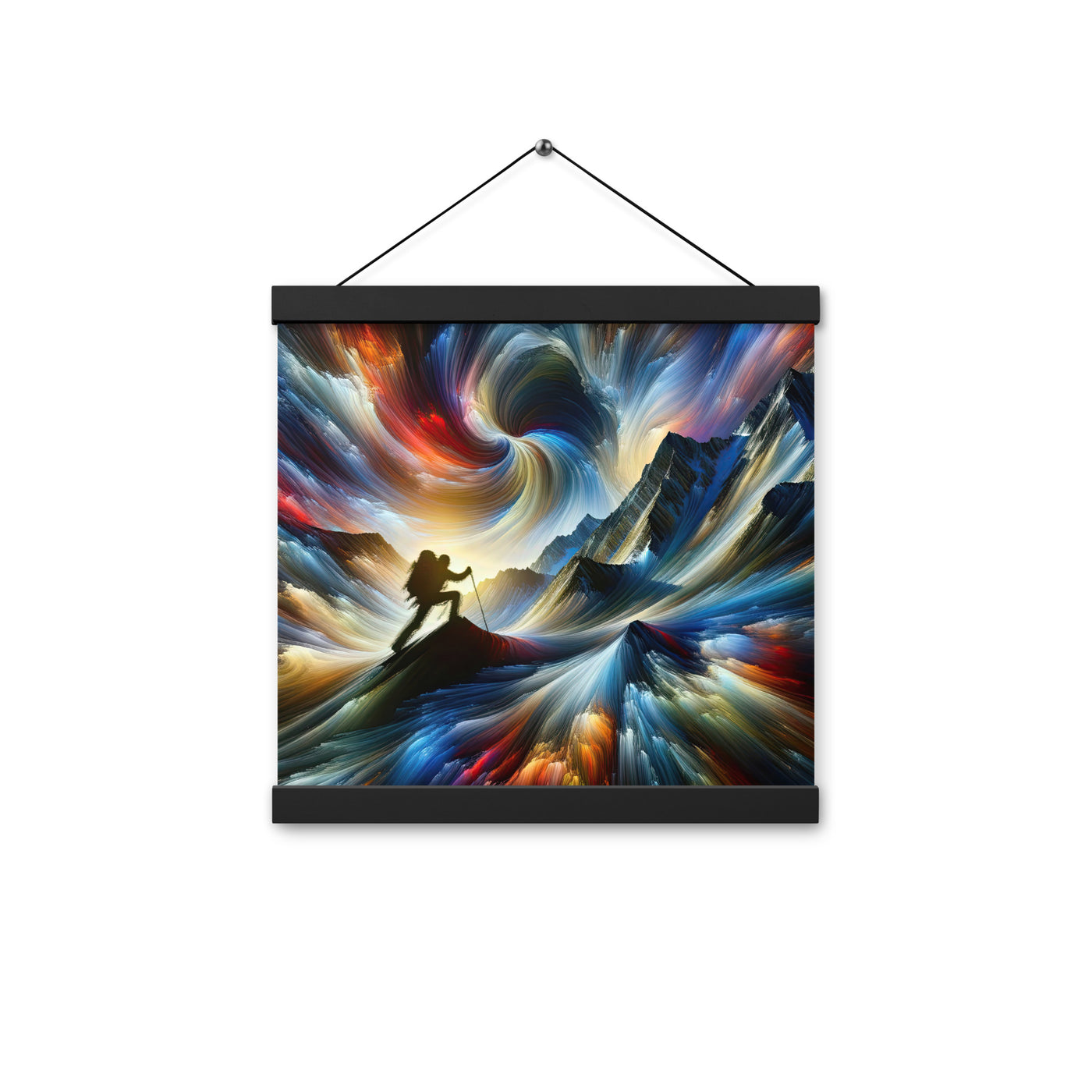 Foto der Alpen in abstrakten Farben mit Bergsteigersilhouette - Premium Poster mit Aufhängung wandern xxx yyy zzz 30.5 x 30.5 cm