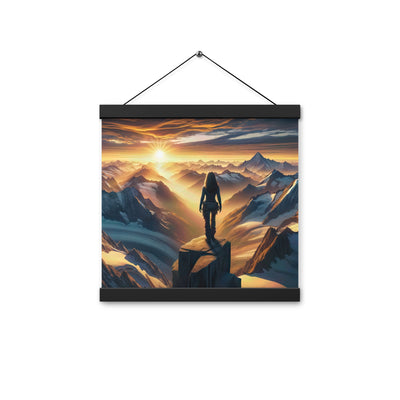 Fotorealistische Darstellung der Alpen bei Sonnenaufgang, Wanderin unter einem gold-purpurnen Himmel - Enhanced Matte Paper Poster With wandern xxx yyy zzz 30.5 x 30.5 cm