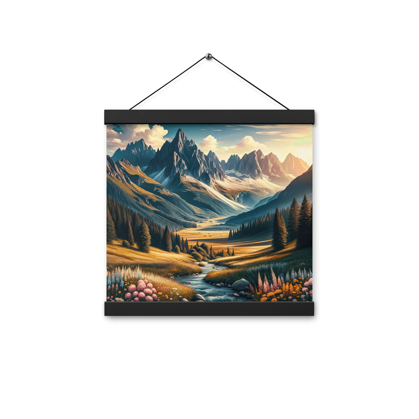 Quadratisches Kunstwerk der Alpen, majestätische Berge unter goldener Sonne - Premium Poster mit Aufhängung berge xxx yyy zzz 30.5 x 30.5 cm