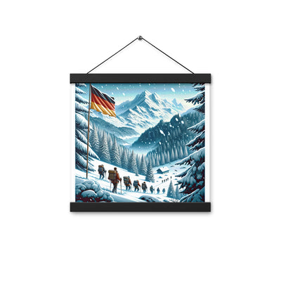 Quadratische Winterillustration der Alpen mit deutscher Flagge und Wanderteam - Premium Poster mit Aufhängung wandern xxx yyy zzz 30.5 x 30.5 cm