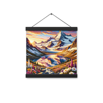 Quadratische Illustration der Alpen mit schneebedeckten Gipfeln und Wildblumen - Premium Poster mit Aufhängung berge xxx yyy zzz 30.5 x 30.5 cm