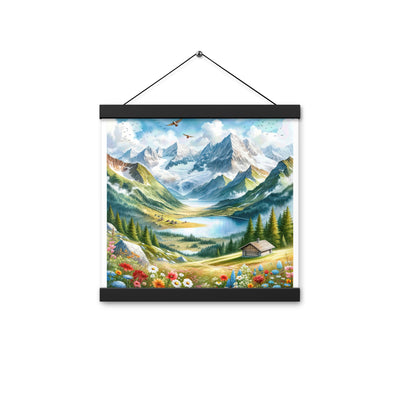 Quadratisches Aquarell der Alpen, Berge mit schneebedeckten Spitzen - Premium Poster mit Aufhängung berge xxx yyy zzz 30.5 x 30.5 cm