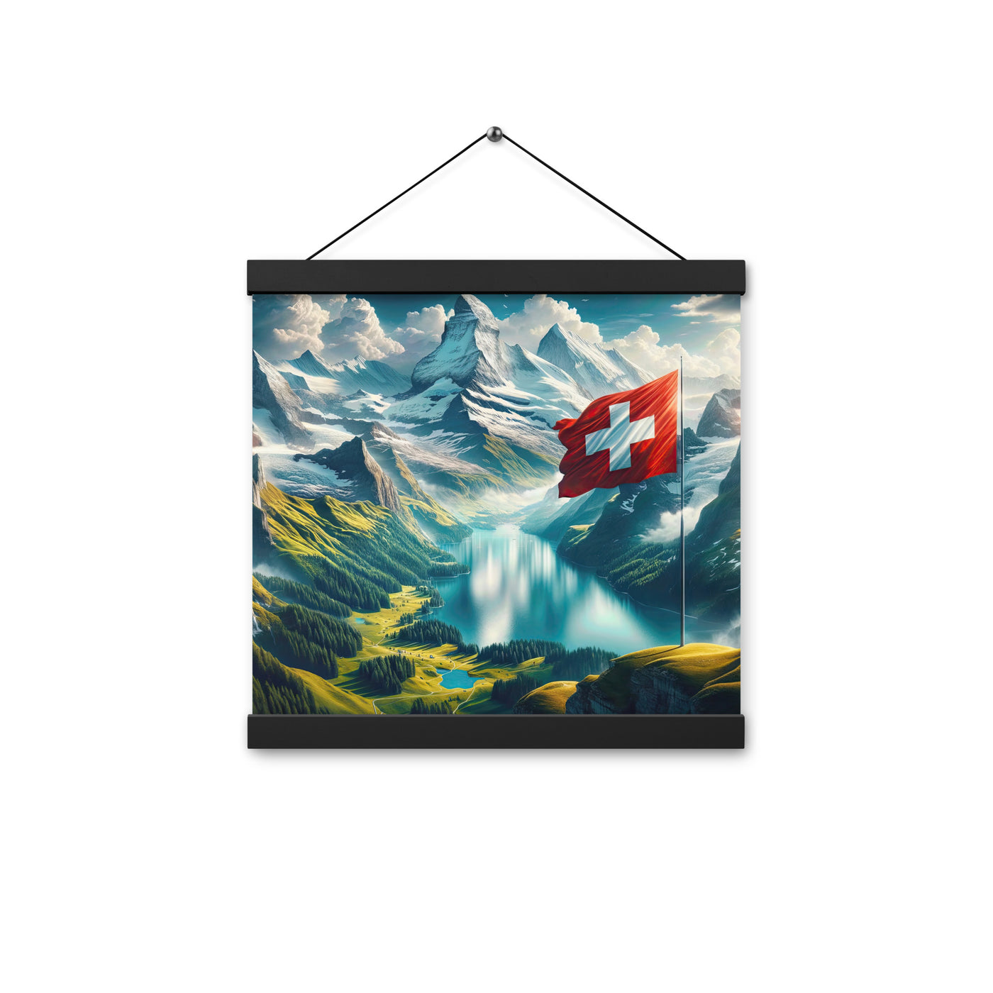 Ultraepische, fotorealistische Darstellung der Schweizer Alpenlandschaft mit Schweizer Flagge - Enhanced Matte Paper Poster With Hanger berge xxx yyy zzz 30.5 x 30.5 cm