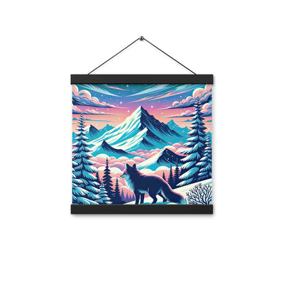 Vektorgrafik eines alpinen Winterwunderlandes mit schneebedeckten Kiefern und einem Fuchs - Premium Poster mit Aufhängung camping xxx yyy zzz 30.5 x 30.5 cm
