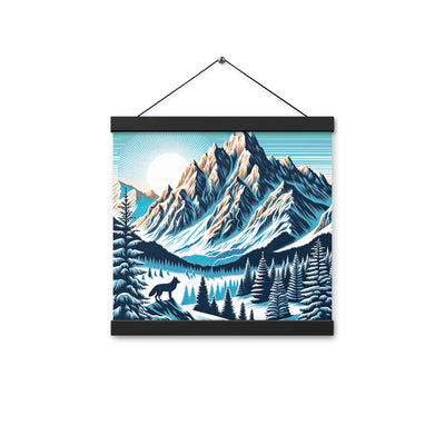 Vektorgrafik eines Wolfes im winterlichen Alpenmorgen, Berge mit Schnee- und Felsmustern - Premium Poster mit Aufhängung berge xxx yyy zzz 30.5 x 30.5 cm