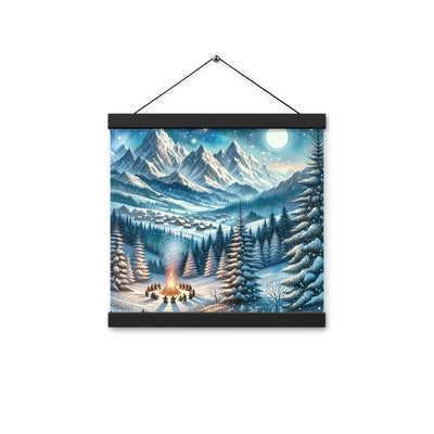 Aquarell eines Winterabends in den Alpen mit Lagerfeuer und Wanderern, glitzernder Neuschnee - Enhanced Matte Paper Poster With Hanger camping xxx yyy zzz 30.5 x 30.5 cm
