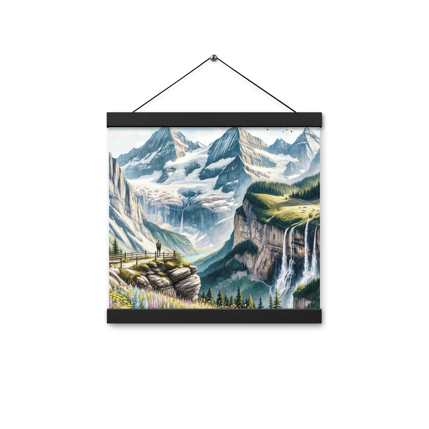 Aquarell-Panoramablick der Alpen mit schneebedeckten Gipfeln, Wasserfällen und Wanderern - Premium Poster mit Aufhängung wandern xxx yyy zzz 30.5 x 30.5 cm