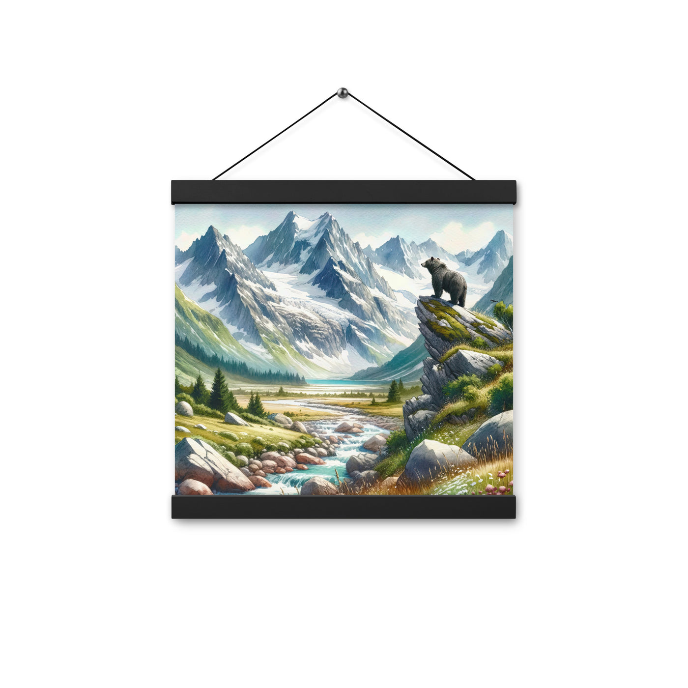 Aquarellmalerei eines Bären und der sommerlichen Alpenschönheit mit schneebedeckten Ketten - Enhanced Matte Paper Poster With Hanger camping xxx yyy zzz 30.5 x 30.5 cm