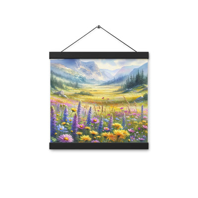 Aquarell einer Almwiese in Ruhe, Wildblumenteppich in Gelb, Lila, Rosa - Premium Poster mit Aufhängung berge xxx yyy zzz 30.5 x 30.5 cm