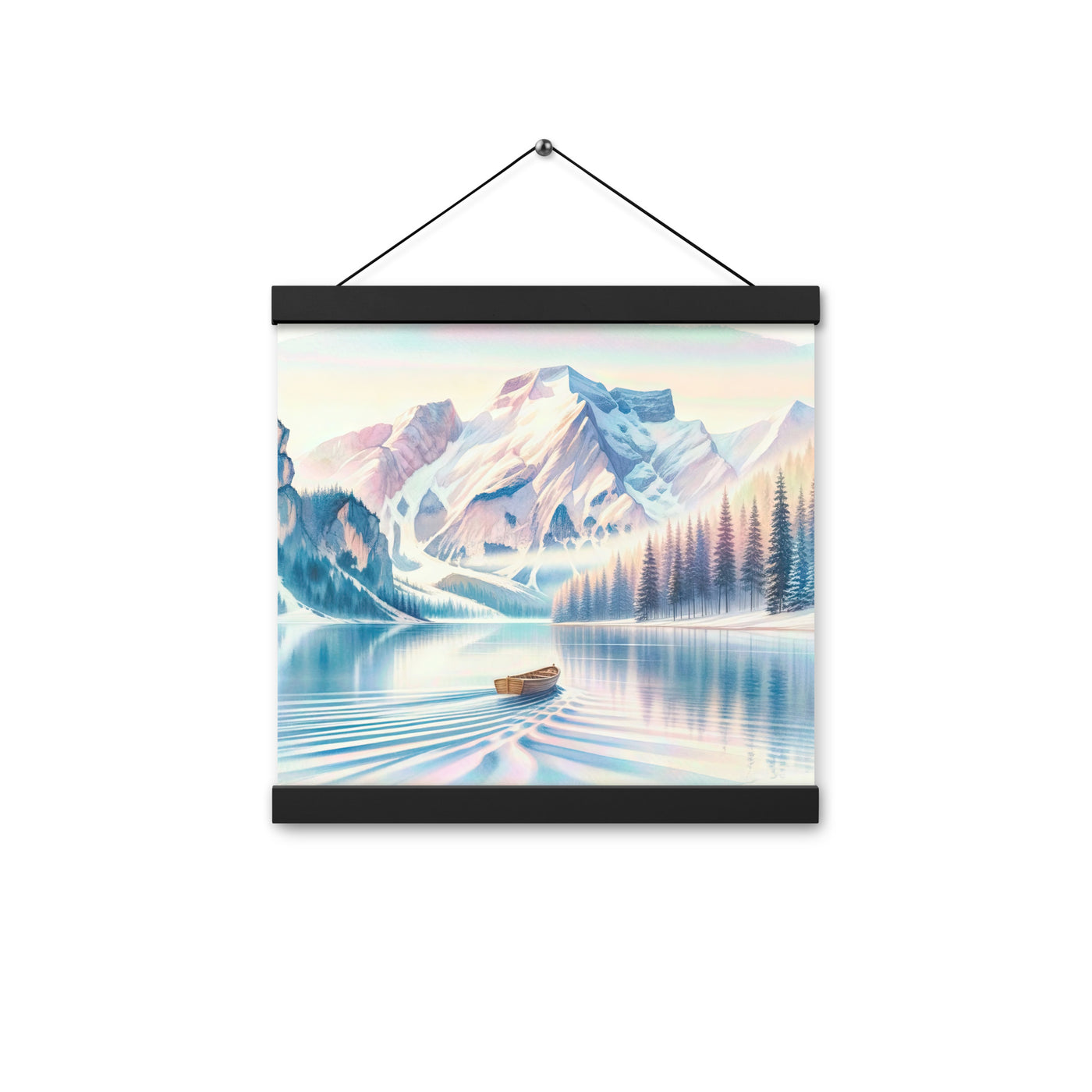 Aquarell eines klaren Alpenmorgens, Boot auf Bergsee in Pastelltönen - Premium Poster mit Aufhängung berge xxx yyy zzz 30.5 x 30.5 cm