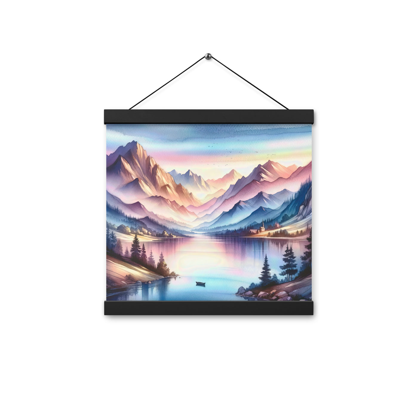 Aquarell einer Dämmerung in den Alpen, Boot auf einem See in Pastell-Licht - Premium Poster mit Aufhängung berge xxx yyy zzz 30.5 x 30.5 cm