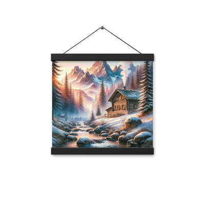 Aquarell einer Alpenszene im Morgengrauen, Haus in den Bergen - Premium Poster mit Aufhängung berge xxx yyy zzz 30.5 x 30.5 cm