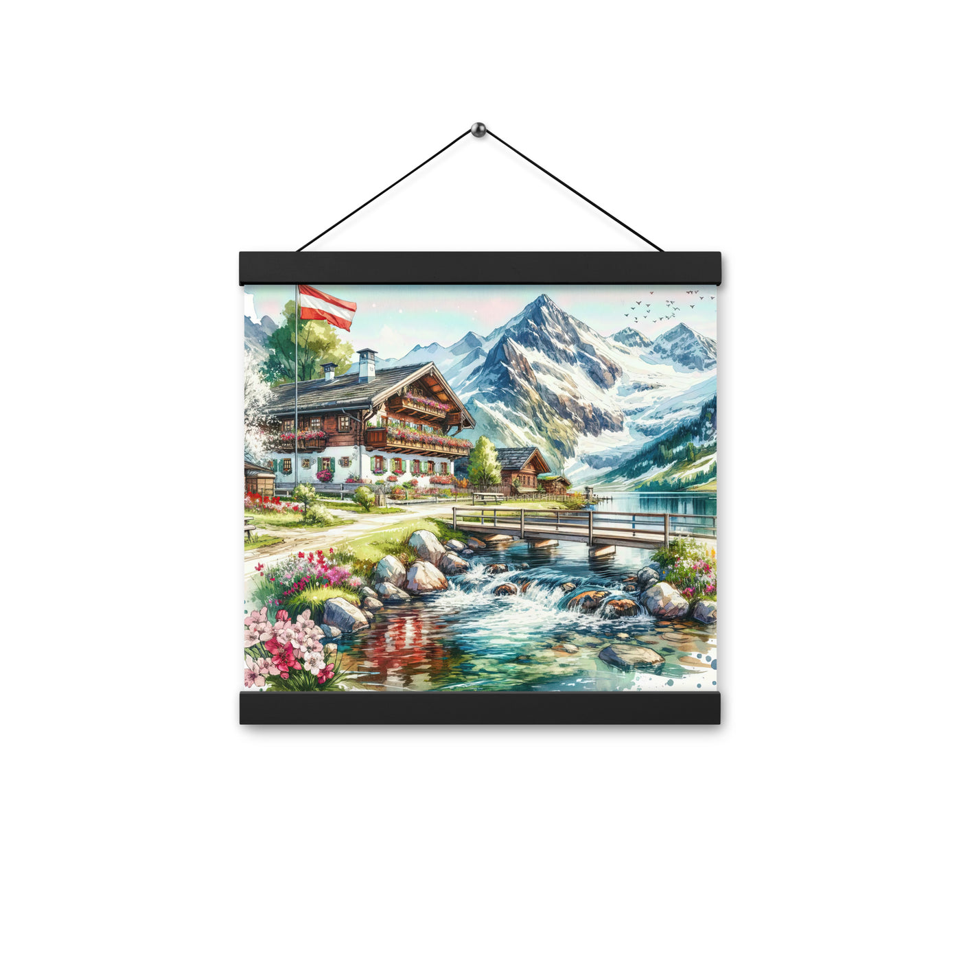 Aquarell der frühlingshaften Alpenkette mit österreichischer Flagge und schmelzendem Schnee - Enhanced Matte Paper Poster With Hanger berge xxx yyy zzz 30.5 x 30.5 cm
