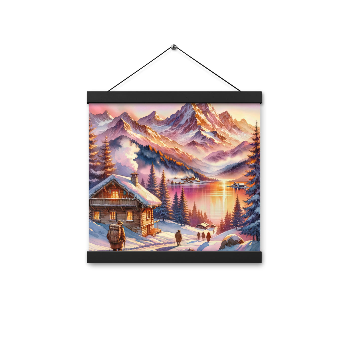 Aquarell eines Alpenpanoramas mit Wanderern bei Sonnenuntergang in Rosa und Gold - Premium Poster mit Aufhängung wandern xxx yyy zzz 30.5 x 30.5 cm