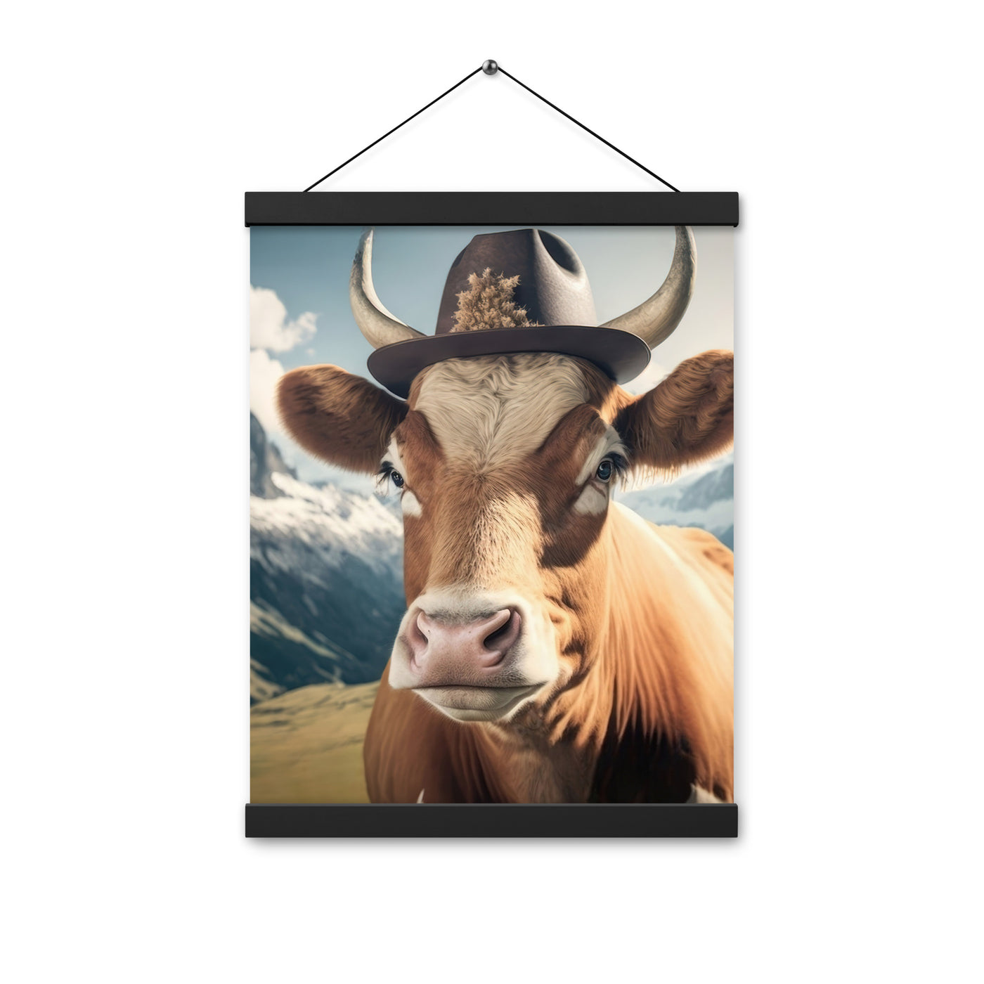 Kuh mit Hut in den Alpen - Berge im Hintergrund - Landschaftsmalerei - Premium Poster mit Aufhängung berge xxx Black 30.5 x 40.6 cm