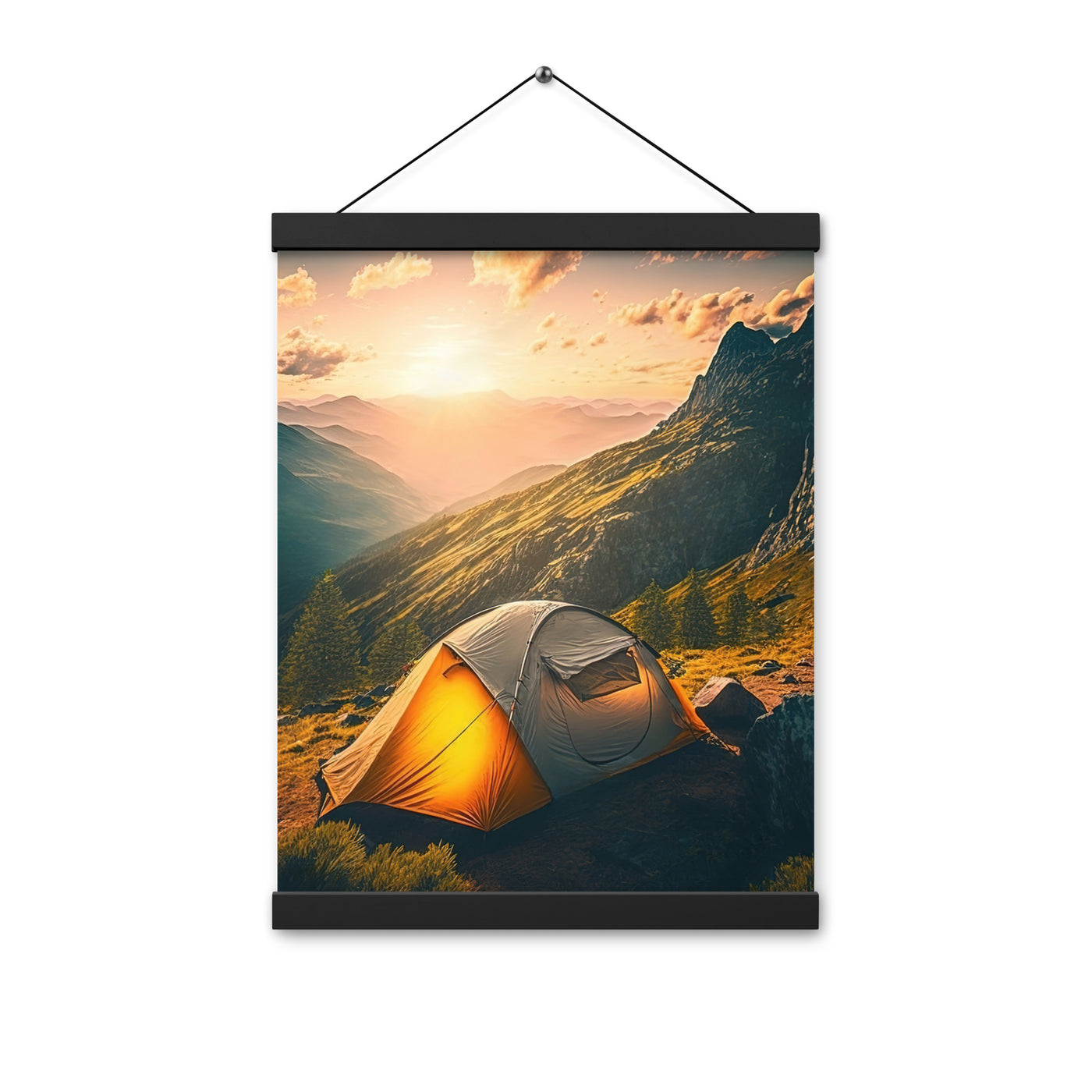 Zelt auf Berg im Sonnenaufgang - Landschafts - Premium Poster mit Aufhängung camping xxx 30.5 x 40.6 cm