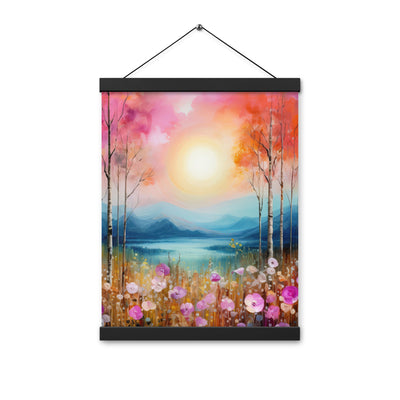 Berge, See, pinke Bäume und Blumen - Malerei - Premium Poster mit Aufhängung berge xxx 30.5 x 40.6 cm