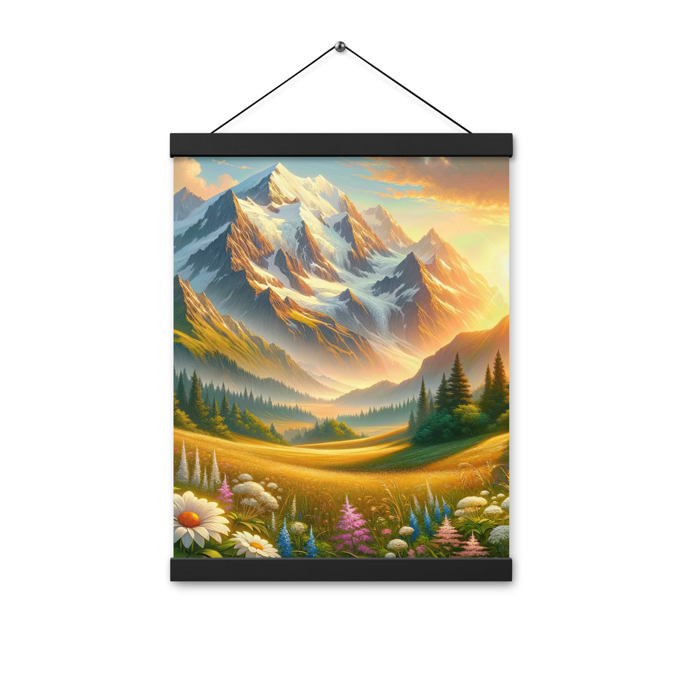 Heitere Alpenschönheit: Schneeberge und Wildblumenwiesen - Premium Poster mit Aufhängung berge xxx yyy zzz 30.5 x 40.6 cm