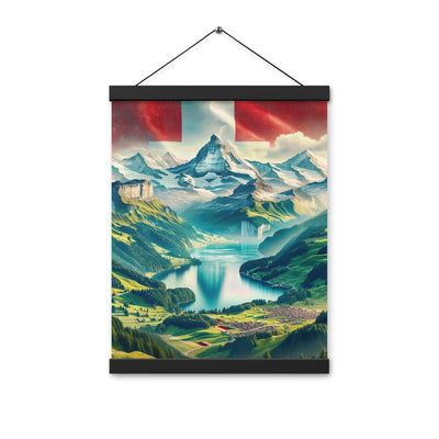 Berg Panorama: Schneeberge und Täler mit Schweizer Flagge - Premium Poster mit Aufhängung berge xxx yyy zzz 30.5 x 40.6 cm