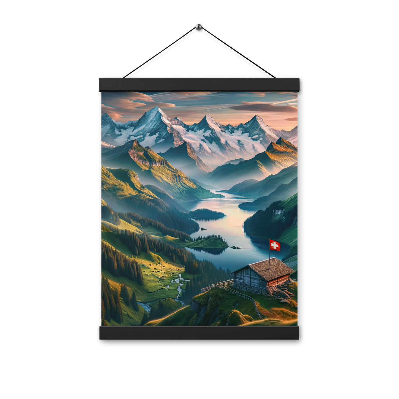 Schweizer Flagge, Alpenidylle: Dämmerlicht, epische Berge und stille Gewässer - Premium Poster mit Aufhängung berge xxx yyy zzz 30.5 x 40.6 cm