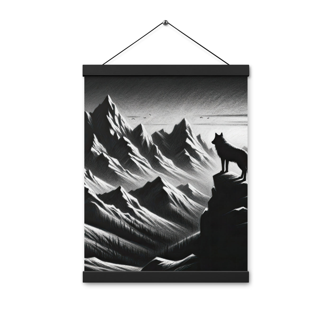 Kohlezeichnung, die die stille Stille der Alpen in der Winterdämmerung verkörpert. Wolf auf einem Berghügel (AN) - Enhanced Matte Paper xxx yyy zzz 30.5 x 40.6 cm