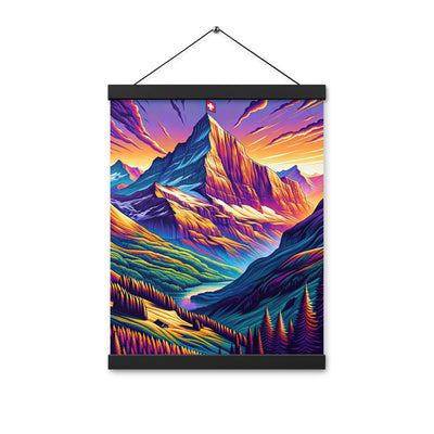 Bergpracht mit Schweizer Flagge: Farbenfrohe Illustration einer Berglandschaft - Premium Poster mit Aufhängung berge xxx yyy zzz 30.5 x 40.6 cm