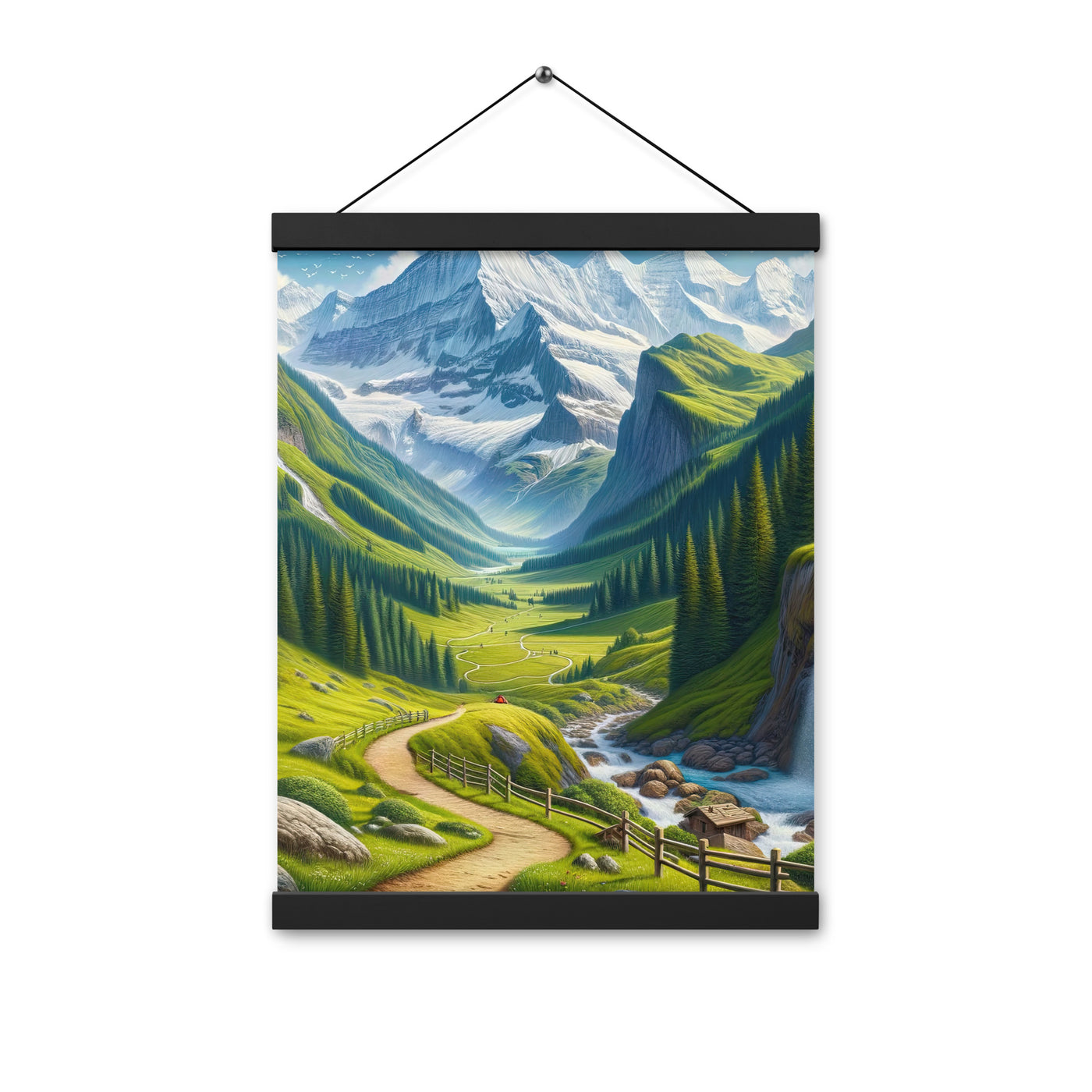 Wanderer in den Bergen und Wald: Digitale Malerei mit grünen kurvenreichen Pfaden - Premium Poster mit Aufhängung wandern xxx yyy zzz 30.5 x 40.6 cm