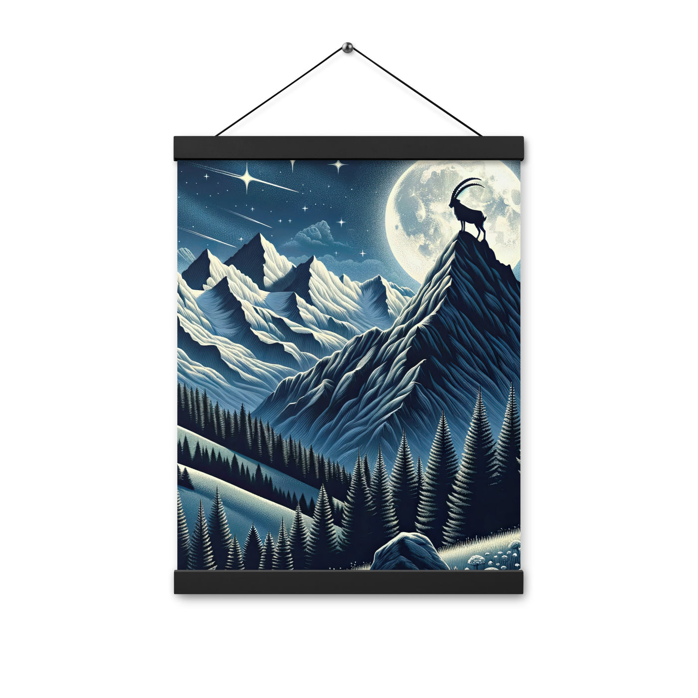 Steinbock in Alpennacht, silberne Berge und Sternenhimmel - Premium Poster mit Aufhängung berge xxx yyy zzz 30.5 x 40.6 cm