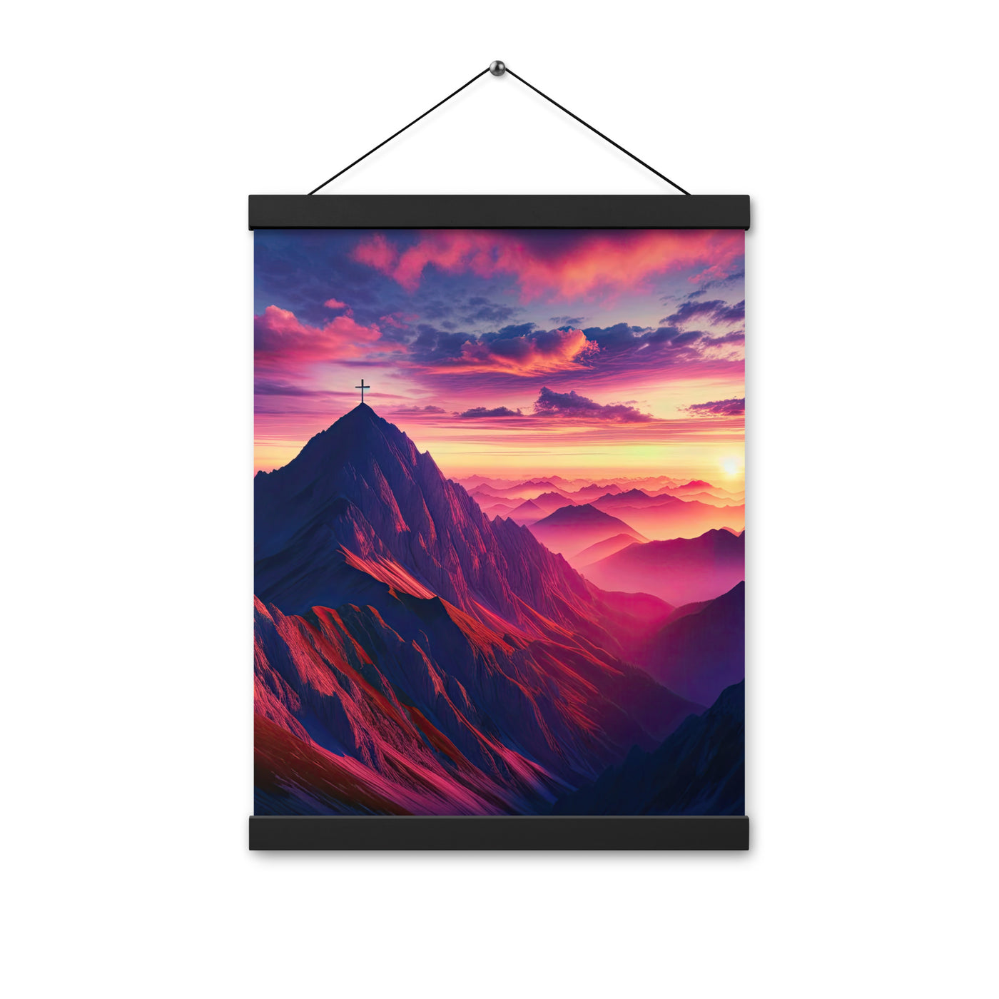Dramatischer Alpen-Sonnenaufgang, Gipfelkreuz und warme Himmelsfarben - Premium Poster mit Aufhängung berge xxx yyy zzz 30.5 x 40.6 cm