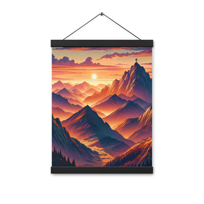 Dramatischer Alpen-Sonnenuntergang, Gipfelkreuz in Orange-Rosa - Premium Poster mit Aufhängung berge xxx yyy zzz 30.5 x 40.6 cm