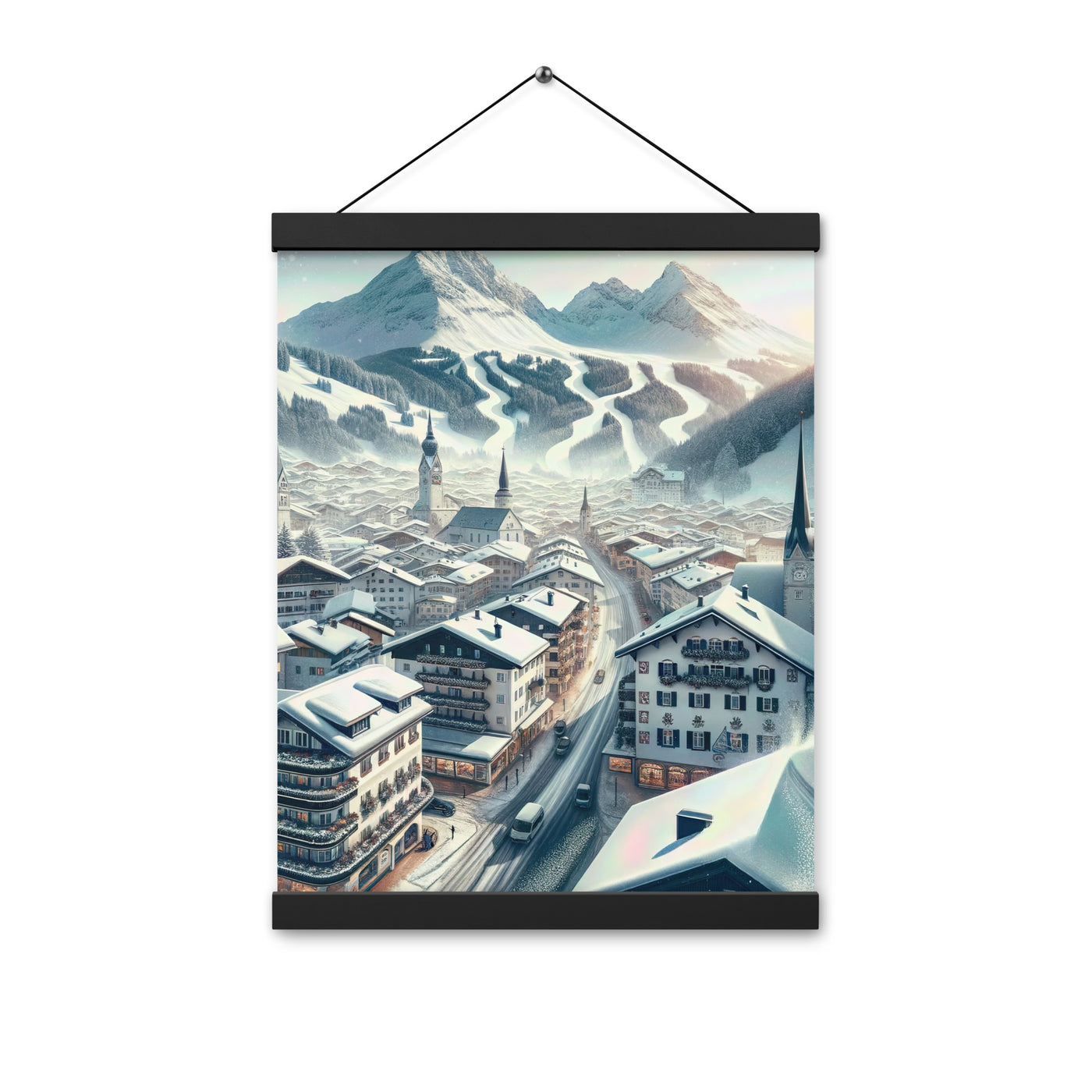 Winter in Kitzbühel: Digitale Malerei von schneebedeckten Dächern - Premium Poster mit Aufhängung berge xxx yyy zzz 30.5 x 40.6 cm