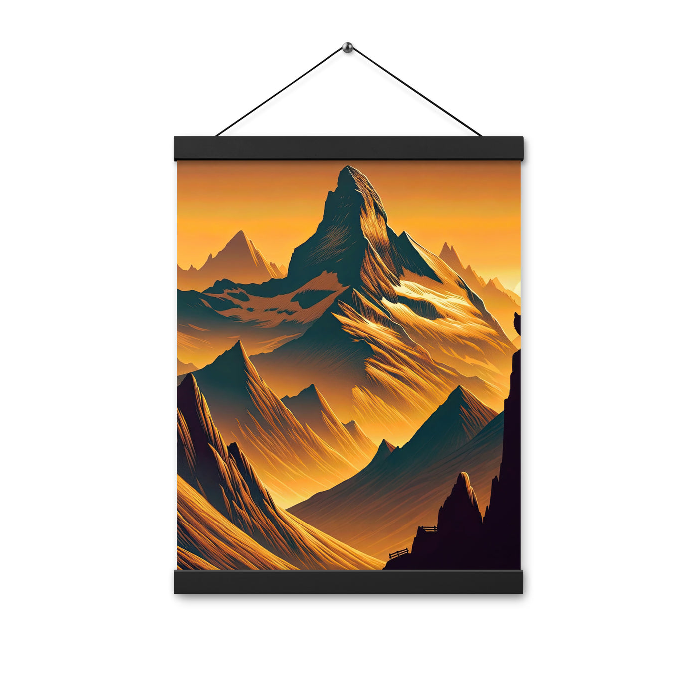 Fuchs in Alpen-Sonnenuntergang, goldene Berge und tiefe Täler - Premium Poster mit Aufhängung camping xxx yyy zzz 30.5 x 40.6 cm