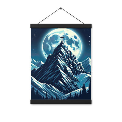 Mondnacht und Gipfelkreuz in den Alpen, glitzernde Schneegipfel - Premium Poster mit Aufhängung berge xxx yyy zzz 30.5 x 40.6 cm