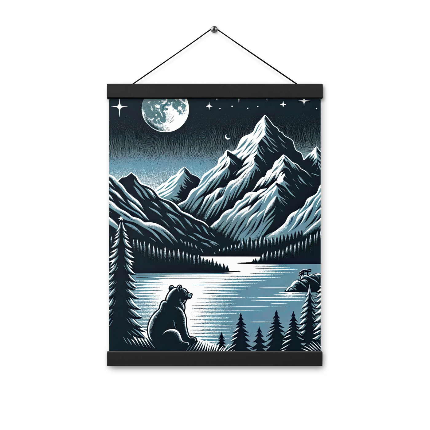 Bär in Alpen-Mondnacht, silberne Berge, schimmernde Seen - Premium Poster mit Aufhängung camping xxx yyy zzz 30.5 x 40.6 cm