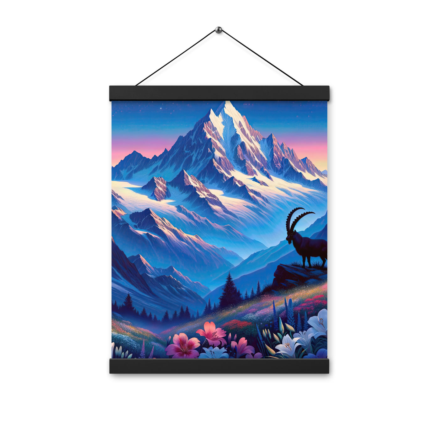 Steinbock bei Dämmerung in den Alpen, sonnengeküsste Schneegipfel - Premium Poster mit Aufhängung berge xxx yyy zzz 30.5 x 40.6 cm